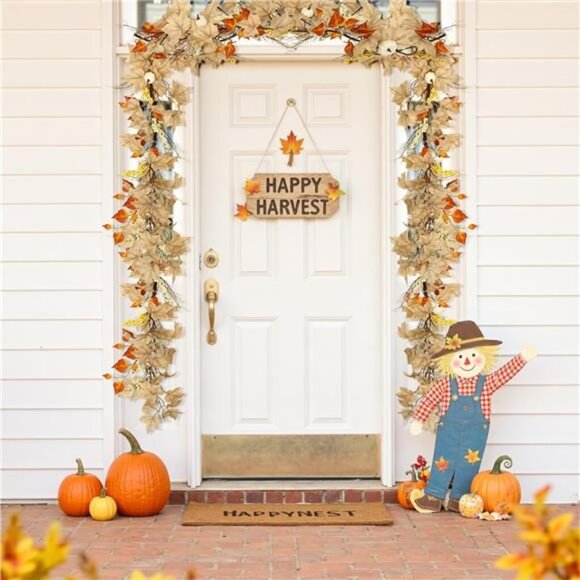 Fall Leaves Garland for Mantle, Autumn Leaf Garland with White Pumpkins - Picture 3 of 7